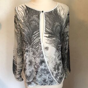 Kay Celine Black,cream & gray Shear Blouse w/peacock & floral design Size Small